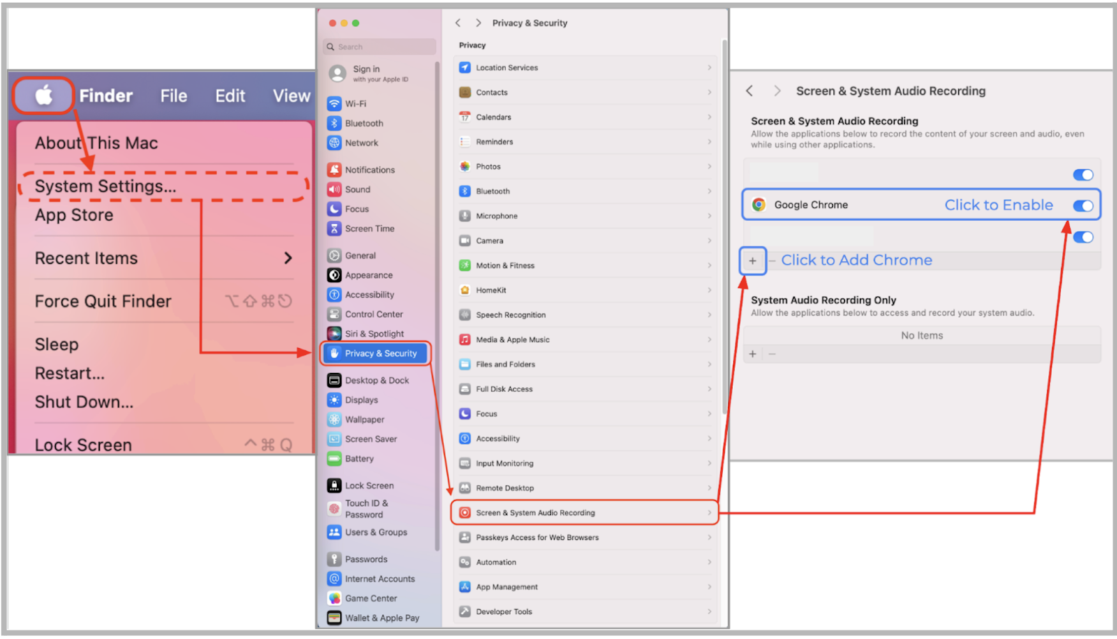 Screenshot showing navigation of the System Settings menu on a Mac