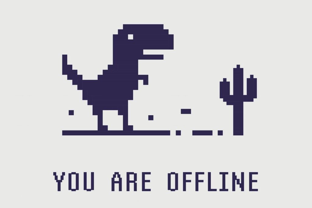I stylized image of a dinosaur and cactus with the message "You are offline" underneath