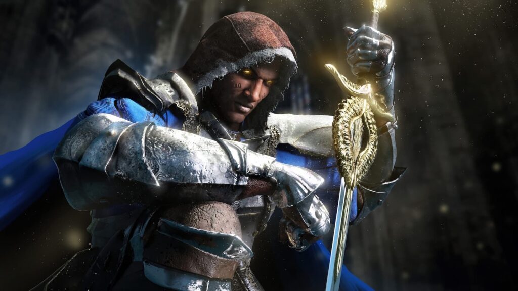 An illustration of a kneeling knight holding a large sword