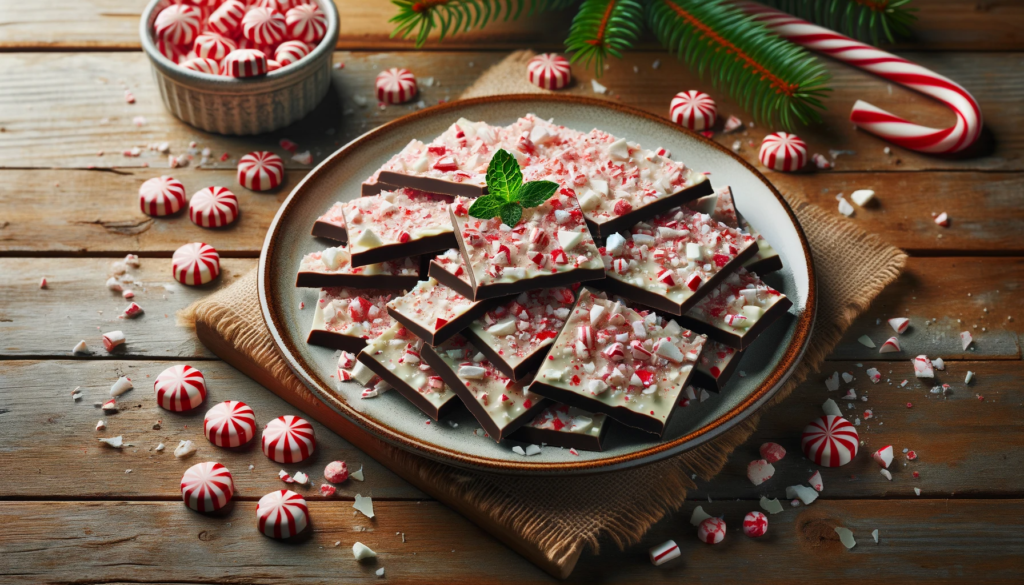 A plate of peppermint bark on a table with Christmas decorations