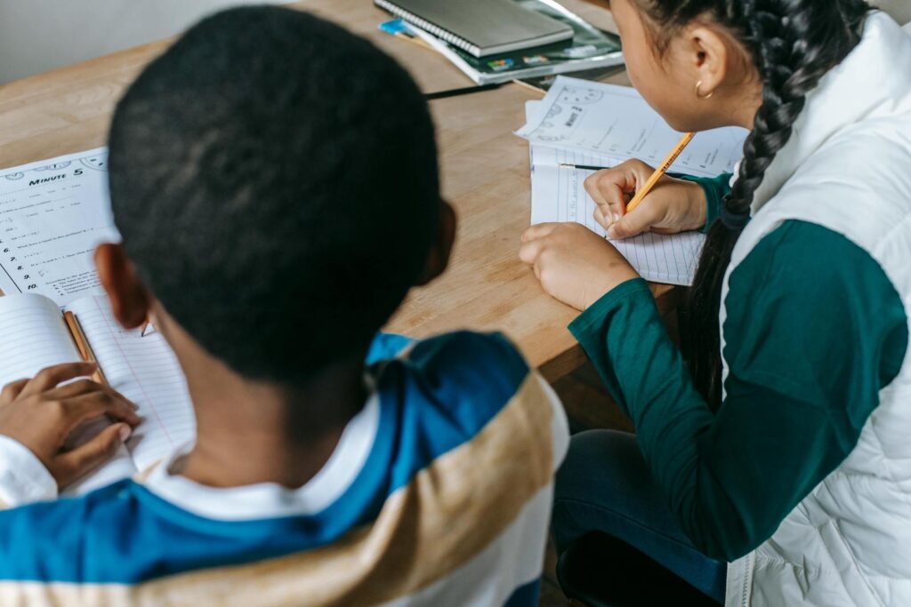 Two schoolchildren working on an assignment while seated at their desks