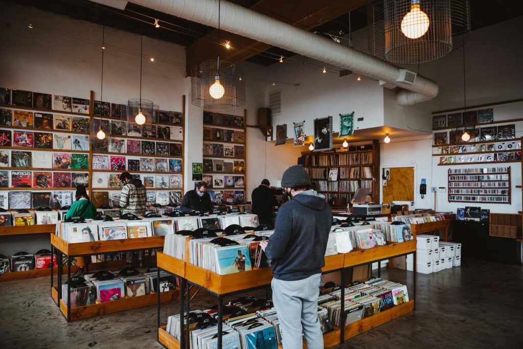 Customers shopping in a clean, organized record store