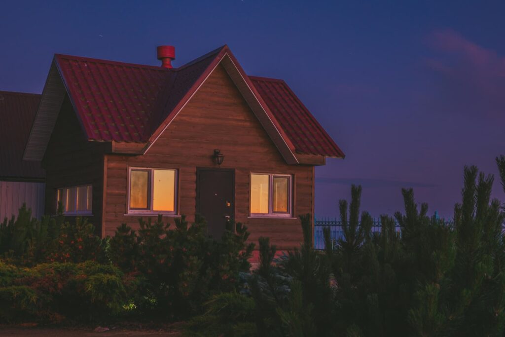 I small, modest house at dusk