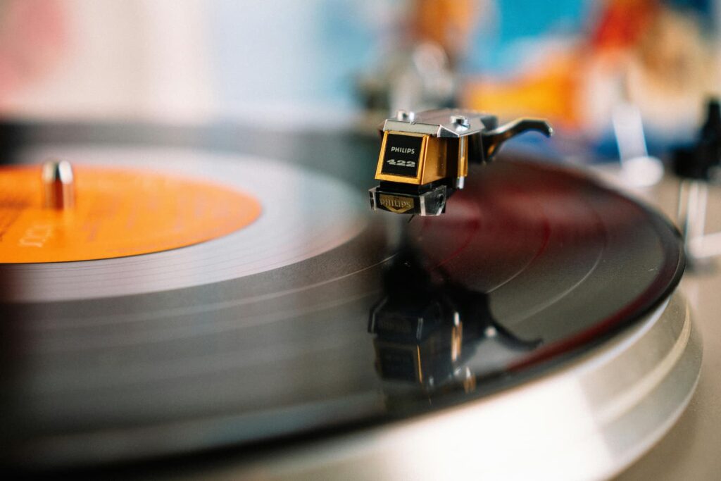 A vinyl record spinning on a turntable