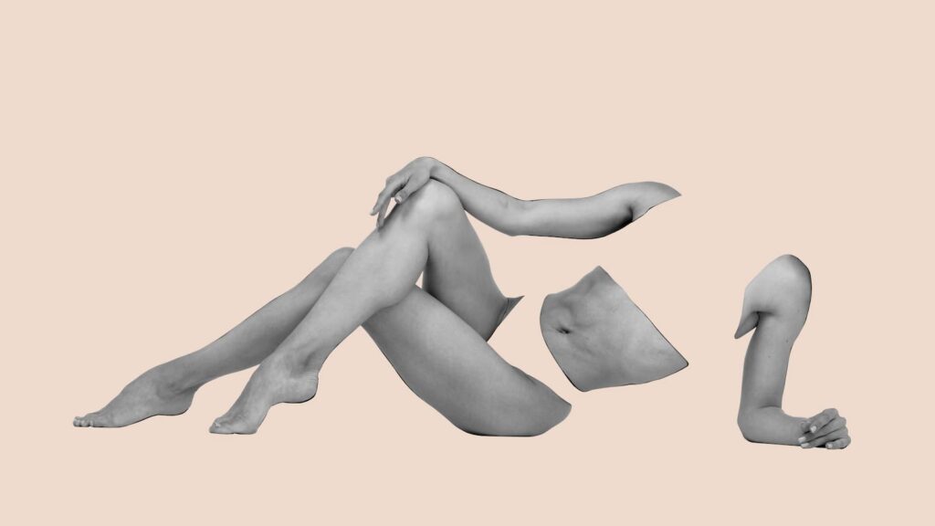 A stylized image of a reclining woman, highlighting her legs, arms and torso