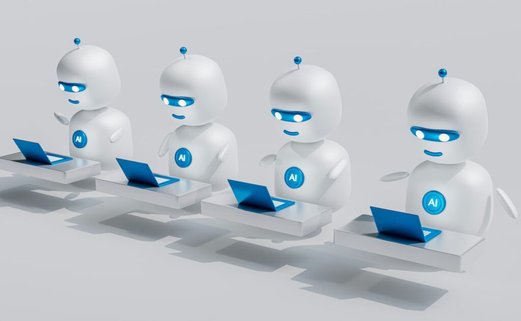 A row of white robots seated in front of small computers